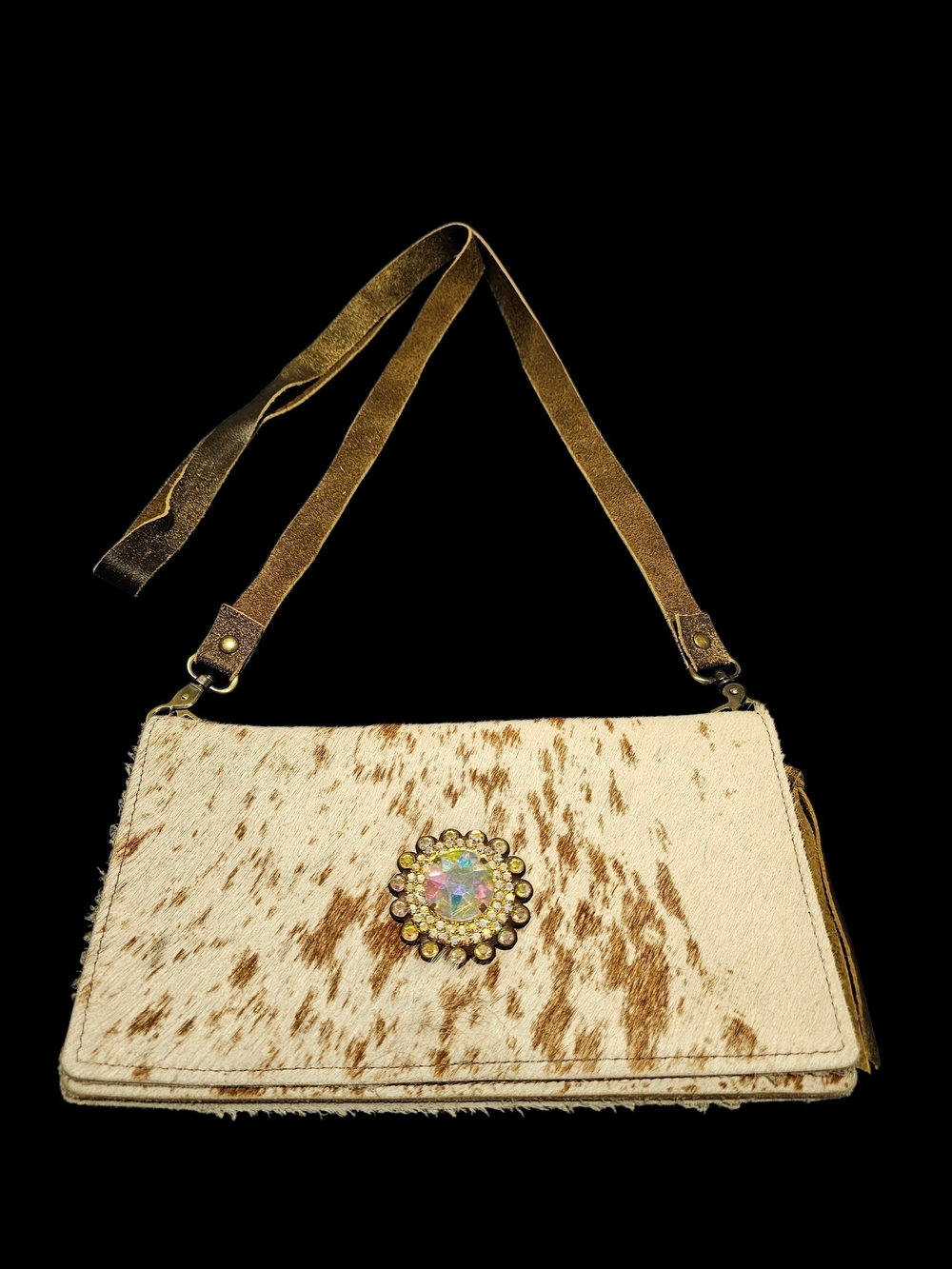 Ivory and Brown Cowhide Crossbody Bag with Jewel Accent